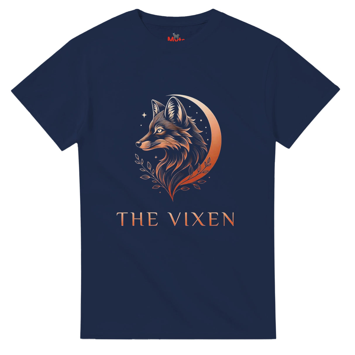 A navy The Vixen Moon fox graphic T-shirt featuring a detailed celestial fox portrait, crescent moon, stars and botanical artwork.