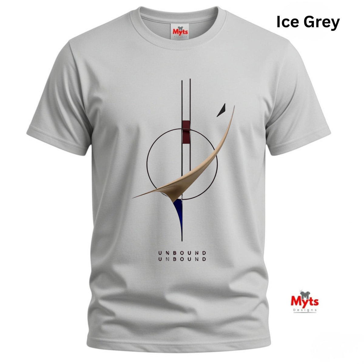 An ice grey short-sleeve crewneck t-shirt with a minimalist abstract graphic on the front. The graphic features a circular motif with a gold-beige swoosh, a dark red block, and a blue tip, with the text 'UNBOUND UNBOUND' printed below.
