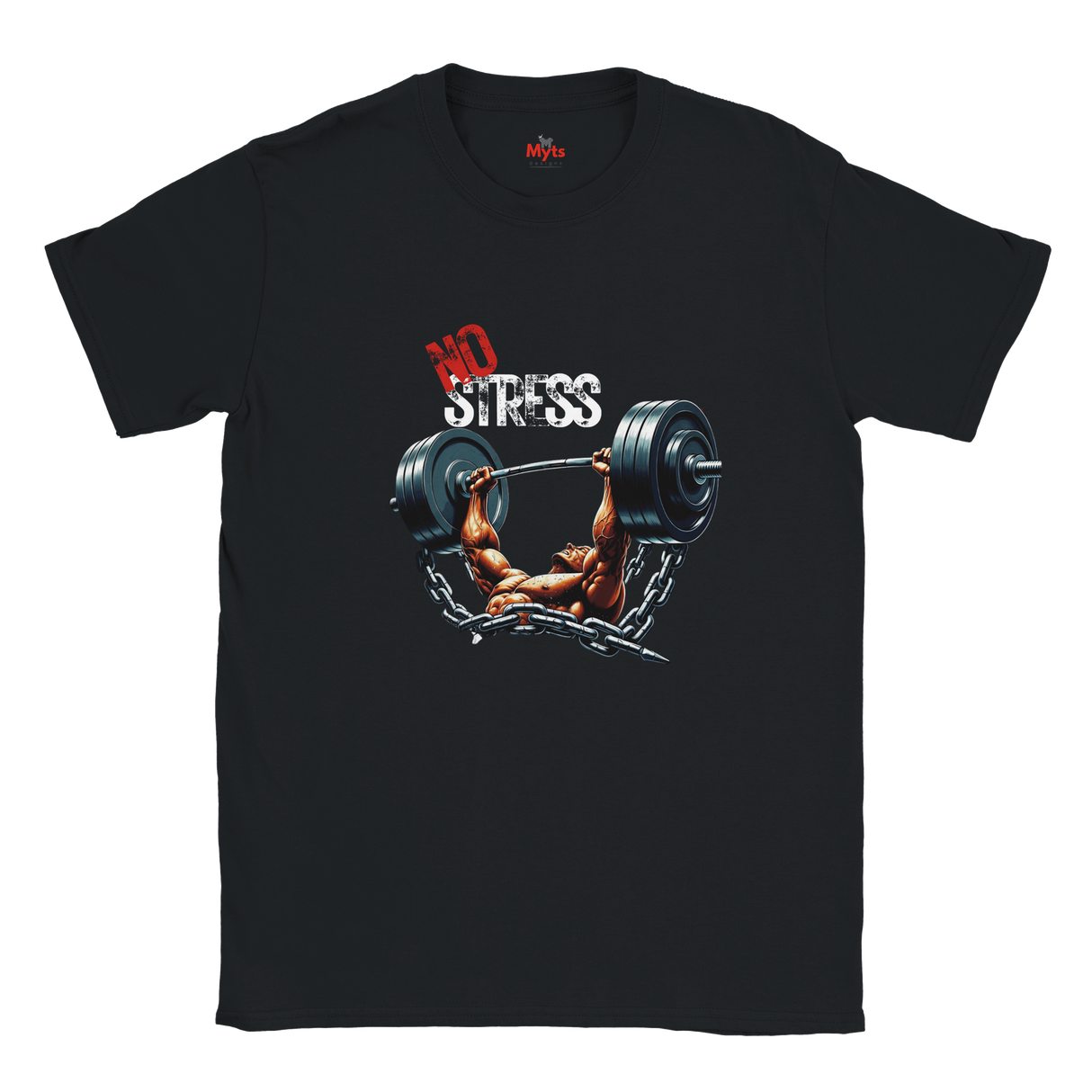 Black t-shirt with a graphic of a bodybuilder lifting weights and 'No Stress' text on a white background