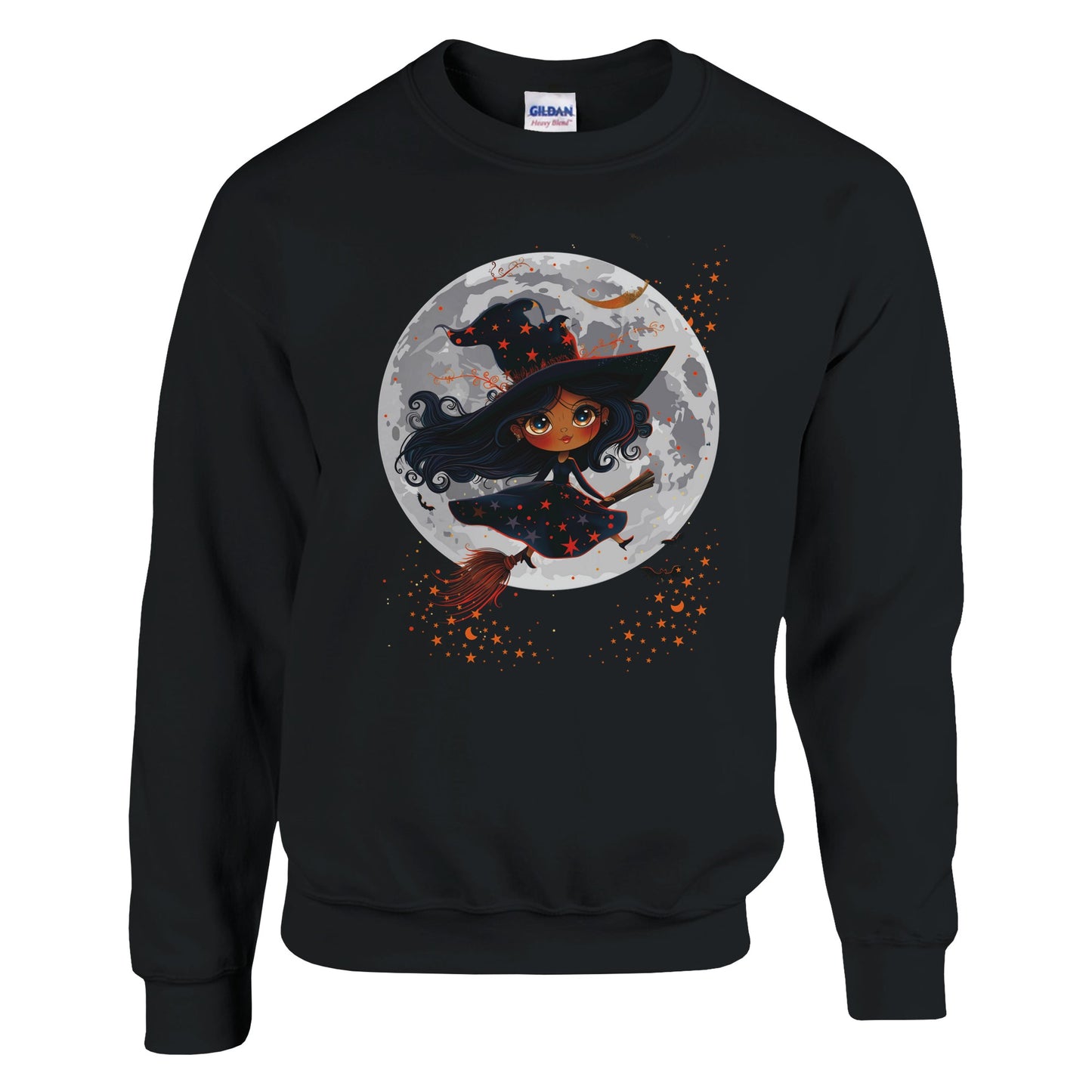 Black sweatshirt with a witch design on a white background