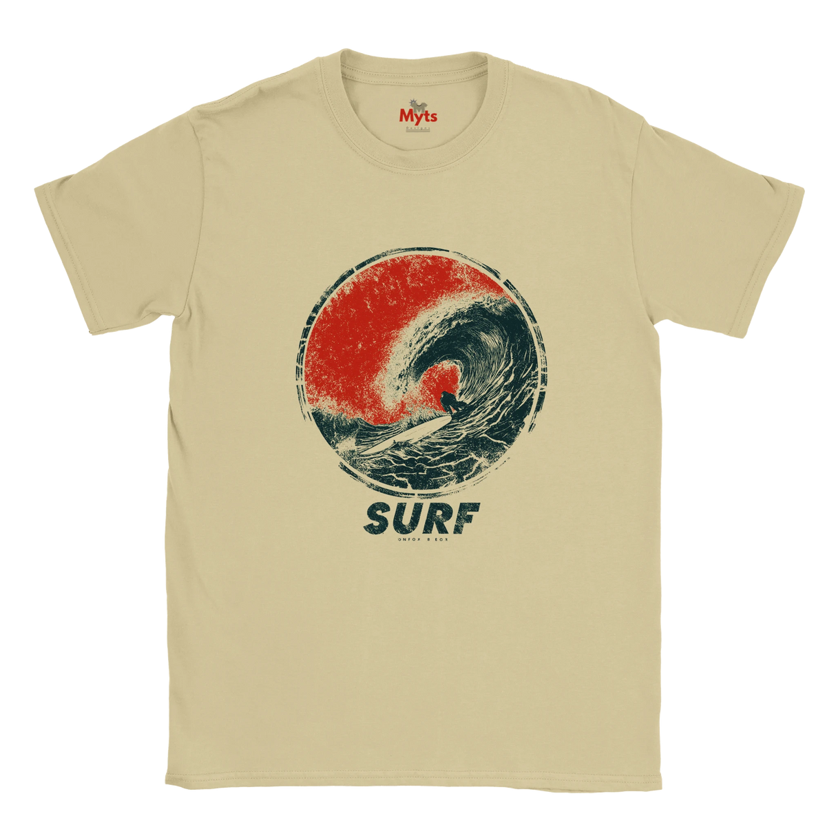 A Sand crewneck t-shirt featuring a distressed graphic of a surfer inside a red and dark blue wave, with the word 'SURF' printed below.