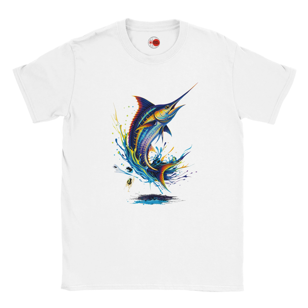 White fishing T-shirt featuring colourful marlin splash art graphic design