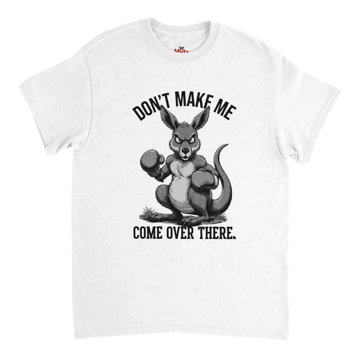 White t-shirt with a kangaroo graphic and text on a white background