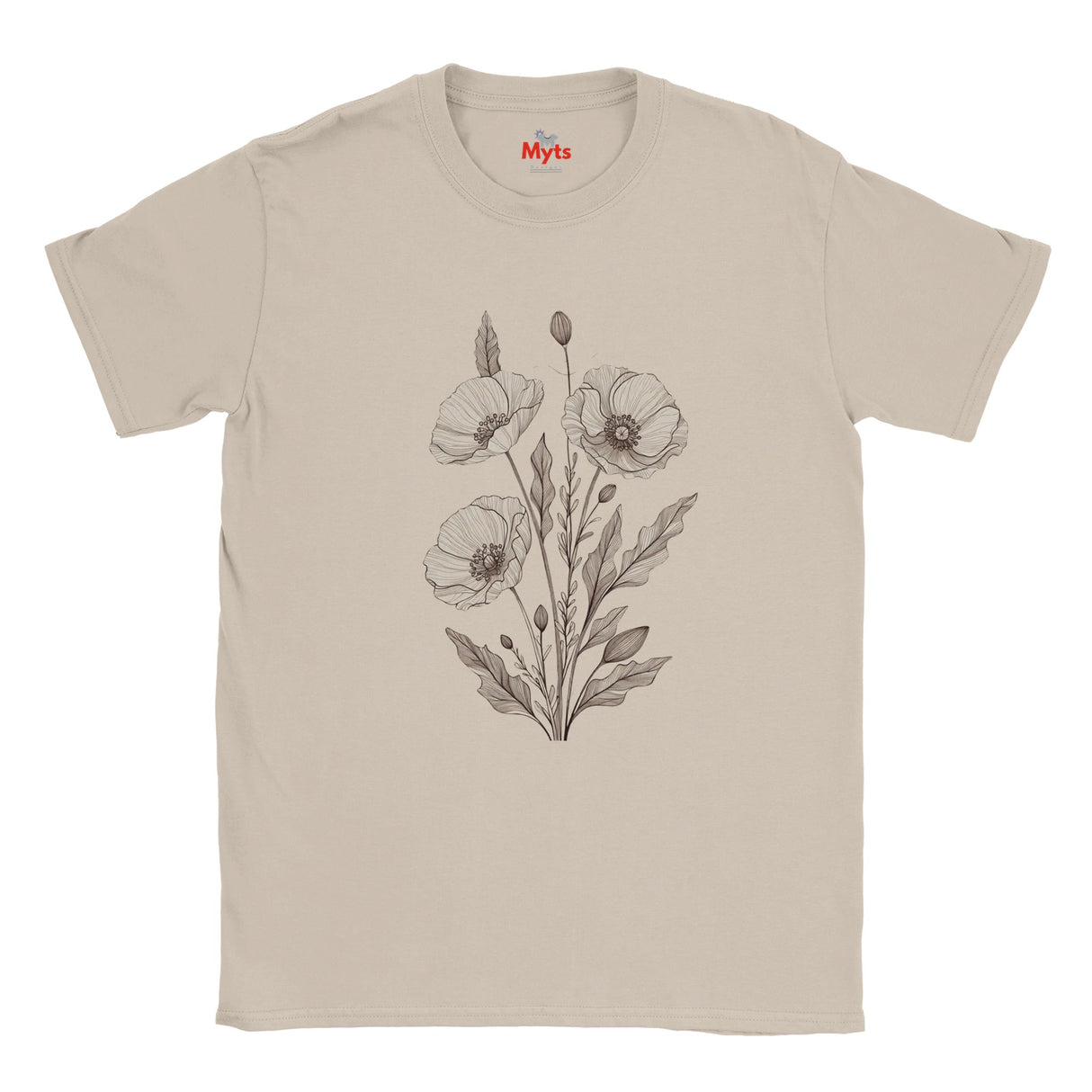 a Natural minimalist poppy flower T-shirt featuring delicate neutral botanical floral line art by MytsDesigns.