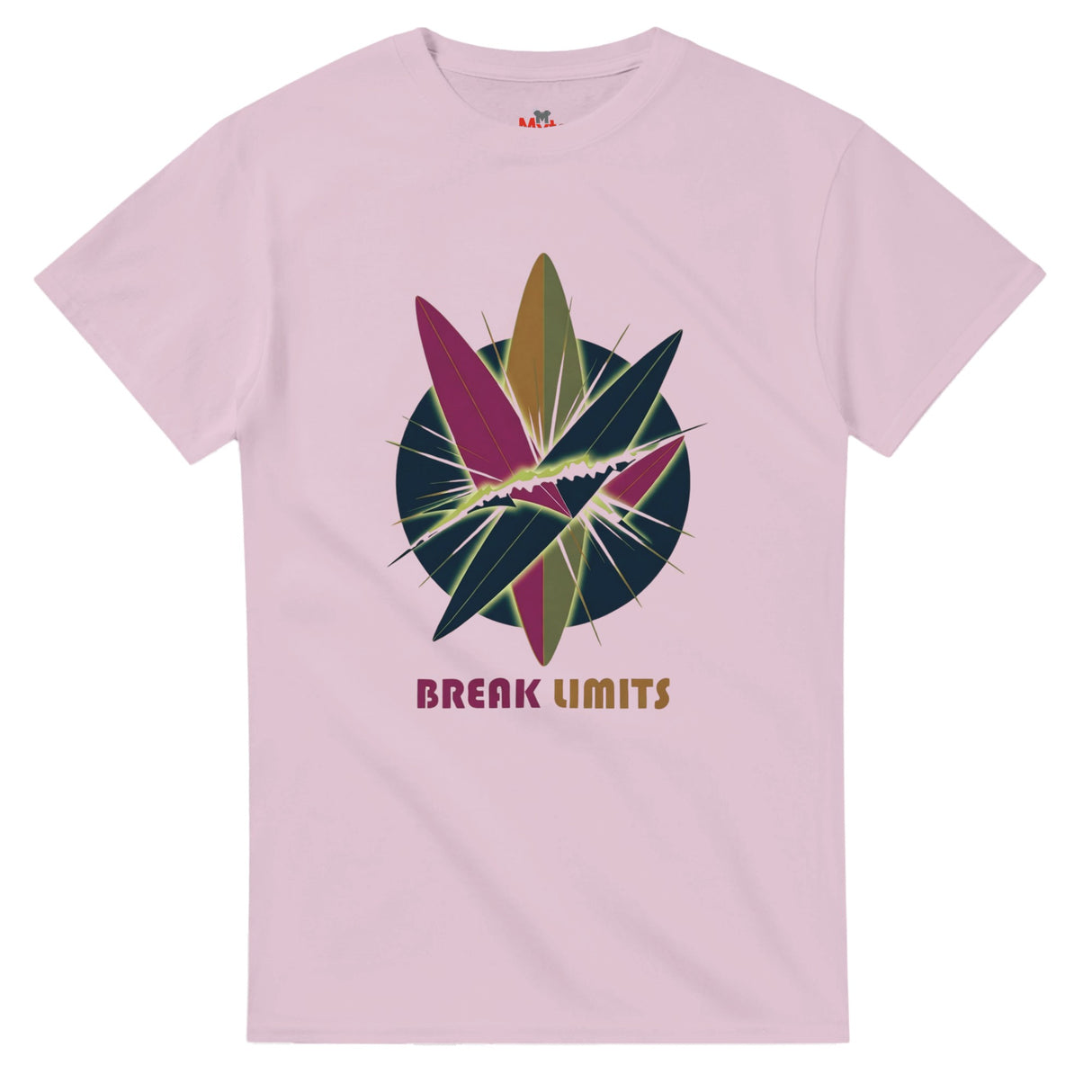 Pink t-shirt with colorful graphic design and 'Break Limits' text on a white background