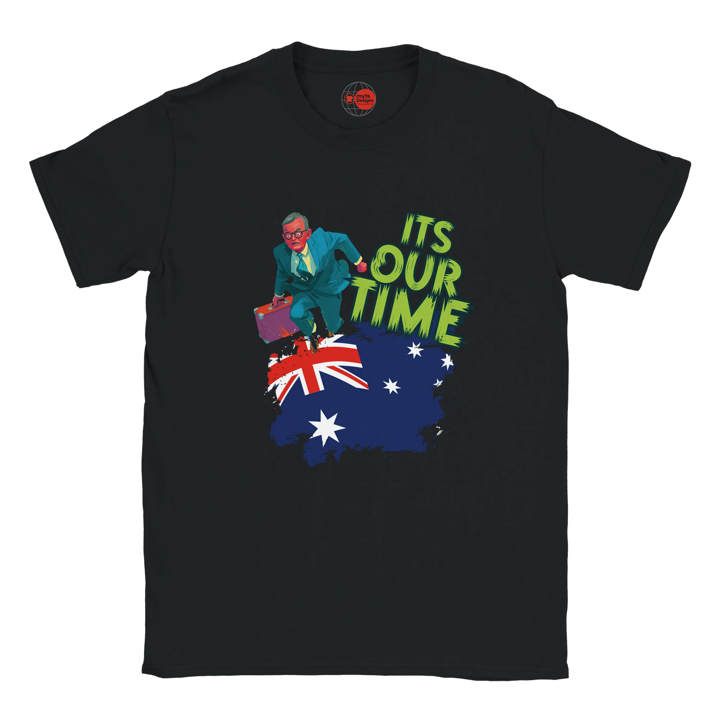 Black t-shirt with a graphic of a person on an Australia map with the flag, and 'It's Our Time' text.