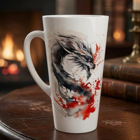Japanese Ink Dragon Latte Mug – Watercolour Fantasy Ceramic Coffee Cup