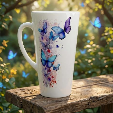 Blue Butterfly Watercolour Latte Mug – Elegant Ceramic Coffee Cup