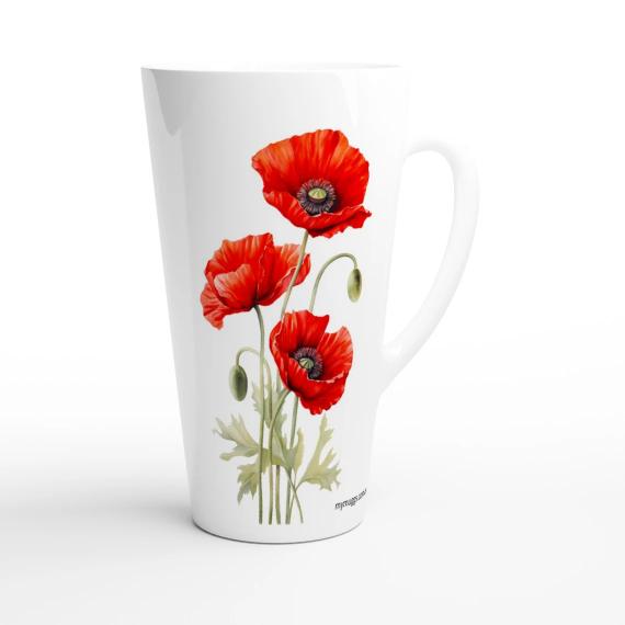 White ceramic latte mug featuring elegant red poppy floral botanical illustration
