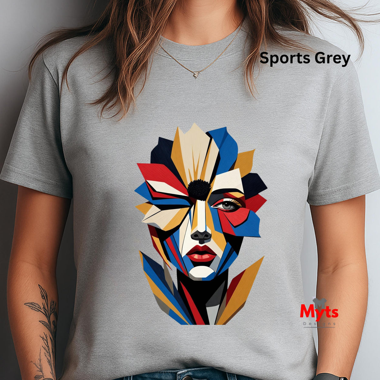 Sports Grey abstract geometric face T-shirt featuring a colourful fragmented portrait design in red, blue, gold, cream and black.