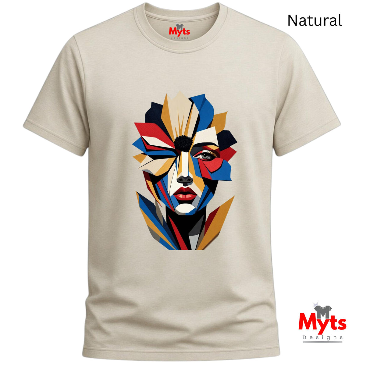 Natural abstract geometric face T-shirt featuring a colourful fragmented portrait design in red, blue, gold, cream and black.