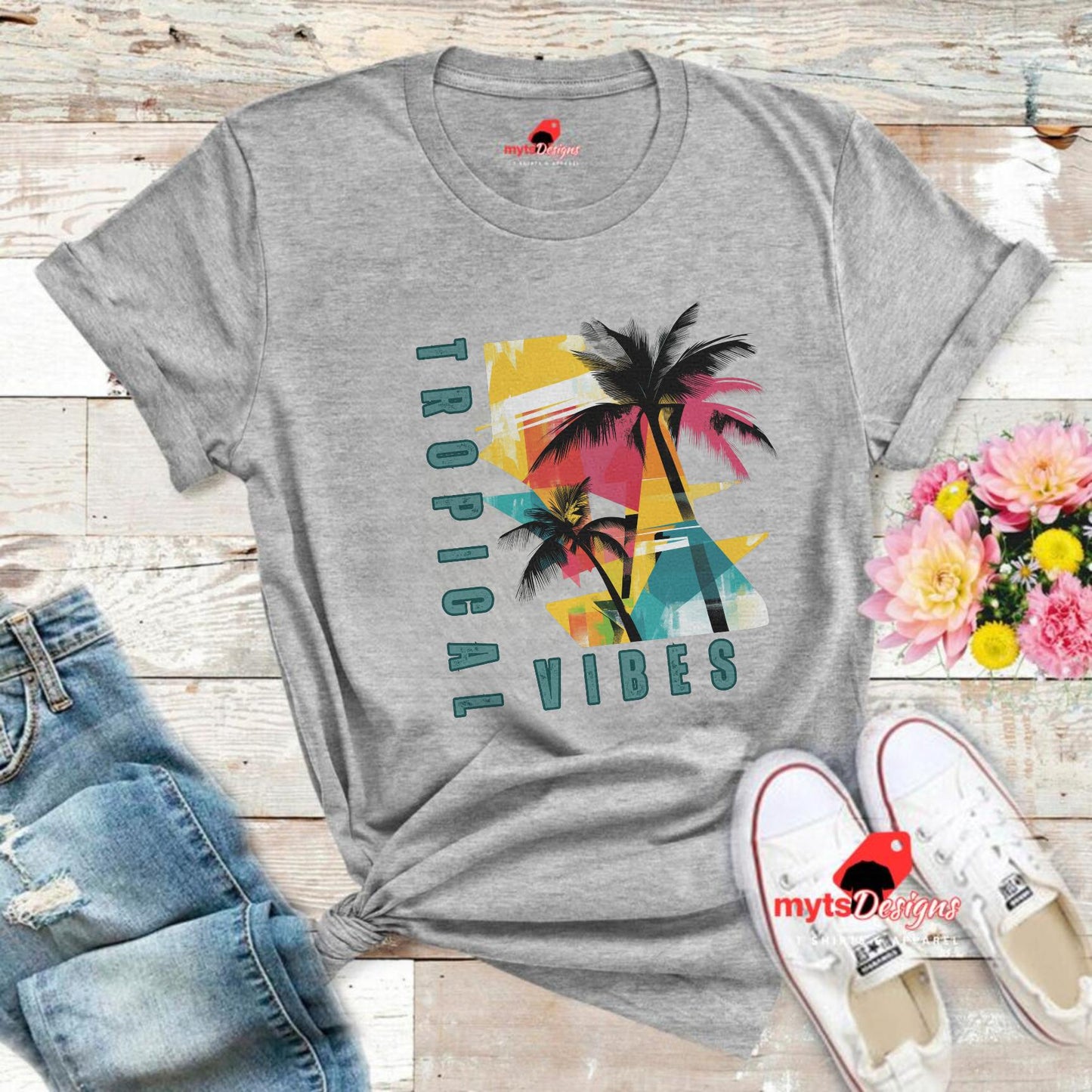 Tropical Vibes T-shirt Tropical Vibes Geometric Holiday T-Shirt, Vibrant Colors, Beach Style Tee, Summer Vacation Gift