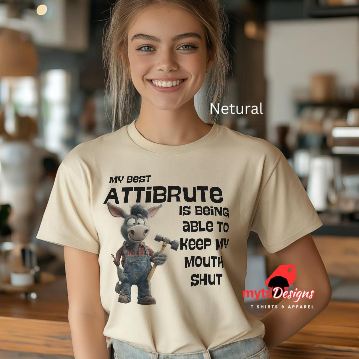 Young woman wearing a Netural coloured funny donkey shirt – humorous design for animal lovers and sarcastic personalities