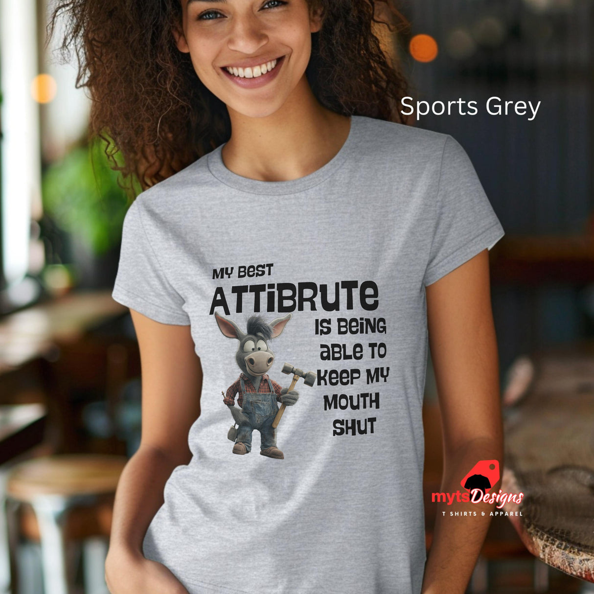Young woman wearing a sports grey coloured funny donkey shirt – humorous design for animal lovers and sarcastic personalities