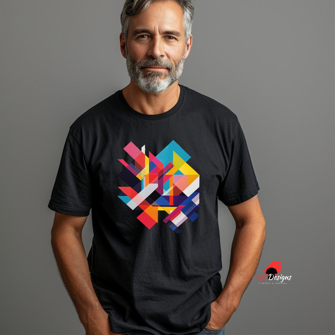 Senior man wearng a black geometric designed t-shirt
