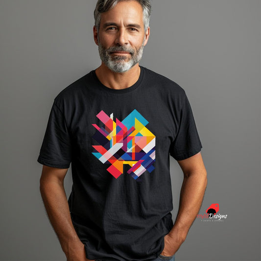 Senior man wearng a black geometric designed t-shirt