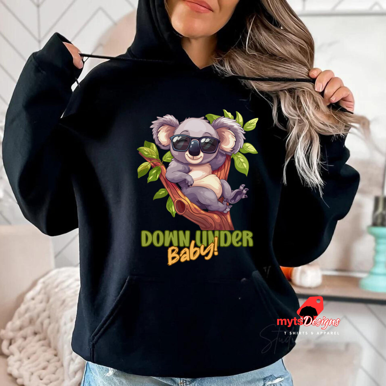 Black Hoodies Koala Cool sunglasses sitting in gum tree, "Down Under Baby" Text