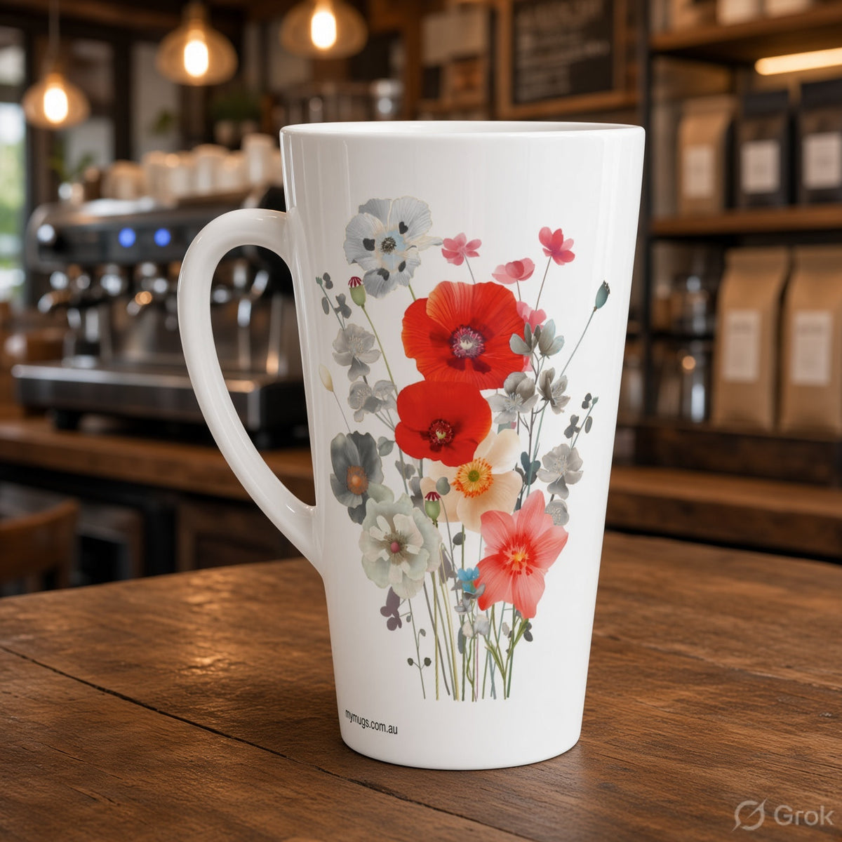 A tall white ceramic latte mug with a floral print of red, pink, and gray poppies, sitting on a wooden table in a blurred coffee shop setting.