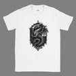 White t-shirt with a black dragon design on a white background
