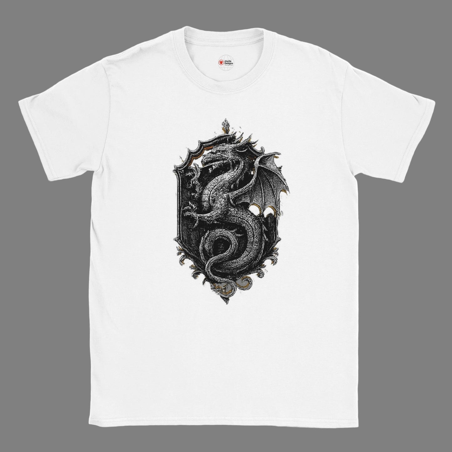 White t-shirt with a black dragon design on a white background