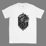 White t-shirt with a black dragon design on a white background