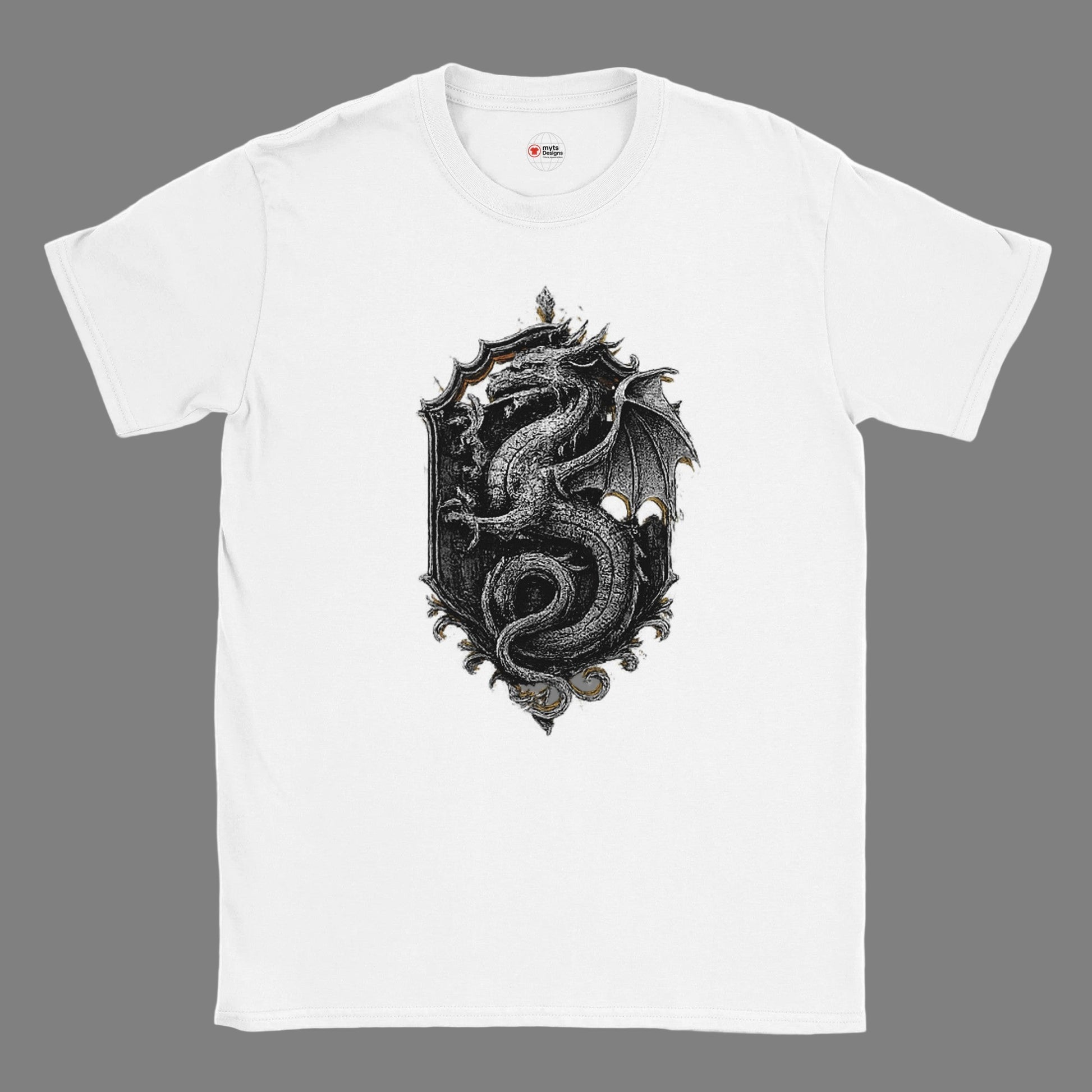 White t-shirt with a black dragon design on a white background