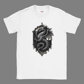 White t-shirt with a black dragon design on a white background