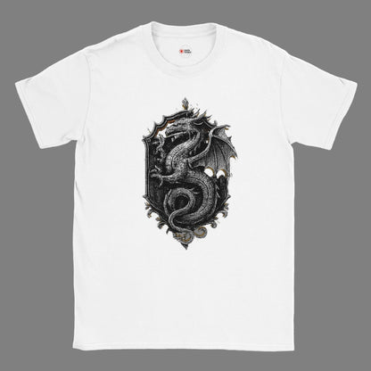 White t-shirt with a black dragon design on a white background