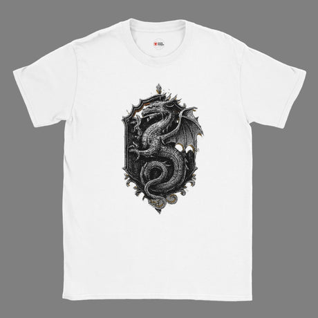White t-shirt with a black dragon design on a white background
