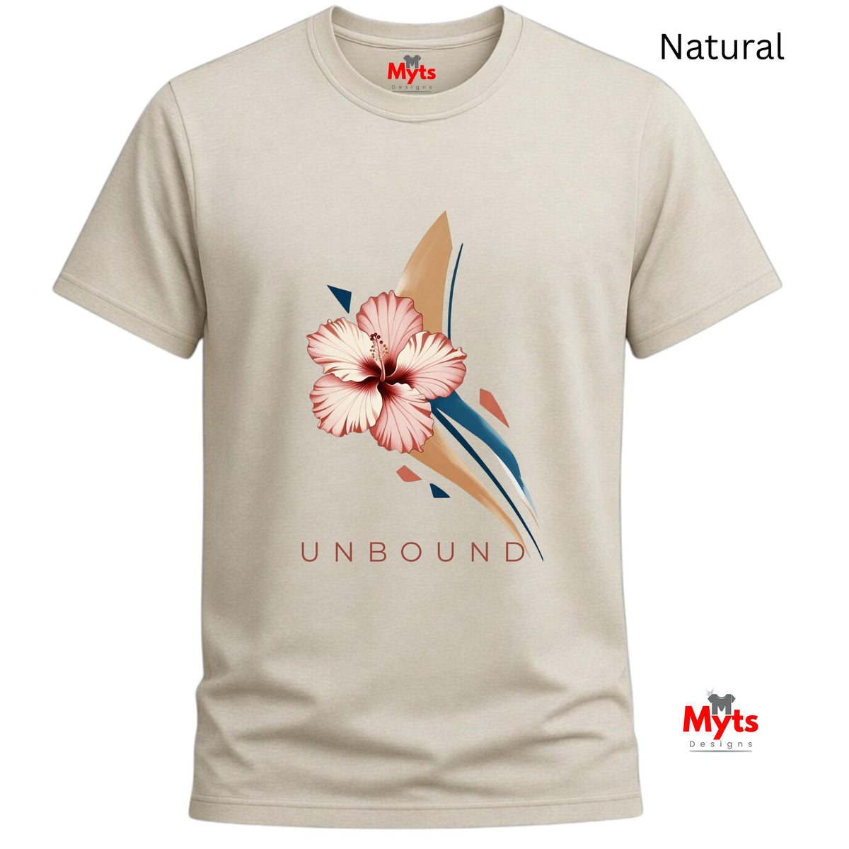 Natural cream-coloured UNBOUND floral graphic T-shirt featuring a soft pink hibiscus and contemporary botanical artwork.