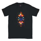 Black t-shirt with a colorful geometric triangle design on a white background