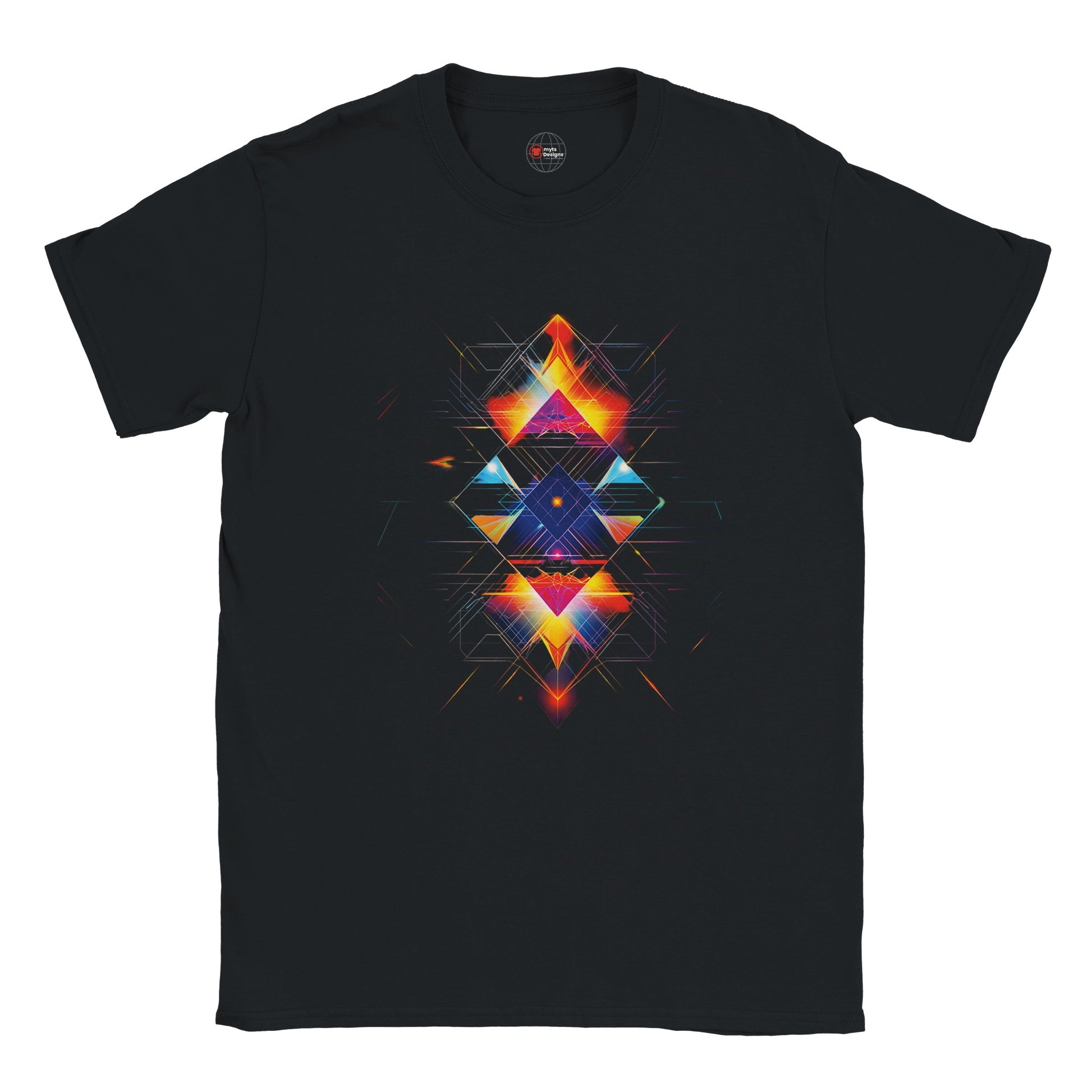 Black t-shirt with a colorful geometric triangle design on a white background