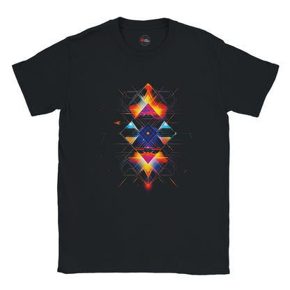 Black t-shirt with a colorful geometric triangle design on a white background