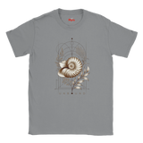 “Front view of a sports grey Unbound Nautilus T-shirt with seashell, botanical and geometric artwork.”