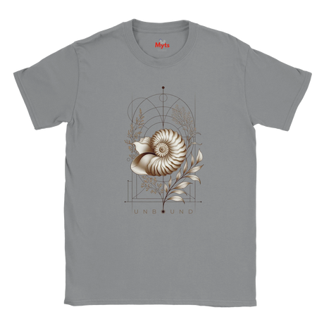 “Front view of a sports grey Unbound Nautilus T-shirt with seashell, botanical and geometric artwork.”