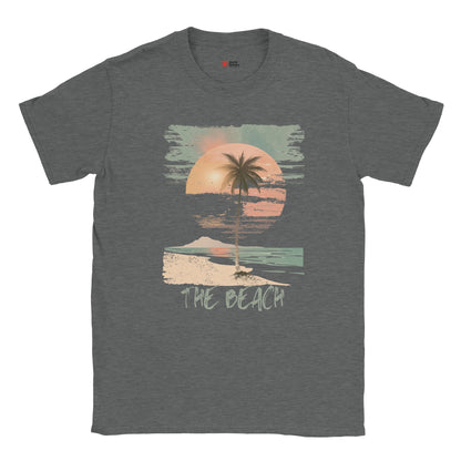 Front view of vintage beach T-shirt featuring palm trees and retro sunset graphic on graphite heather cotton tee