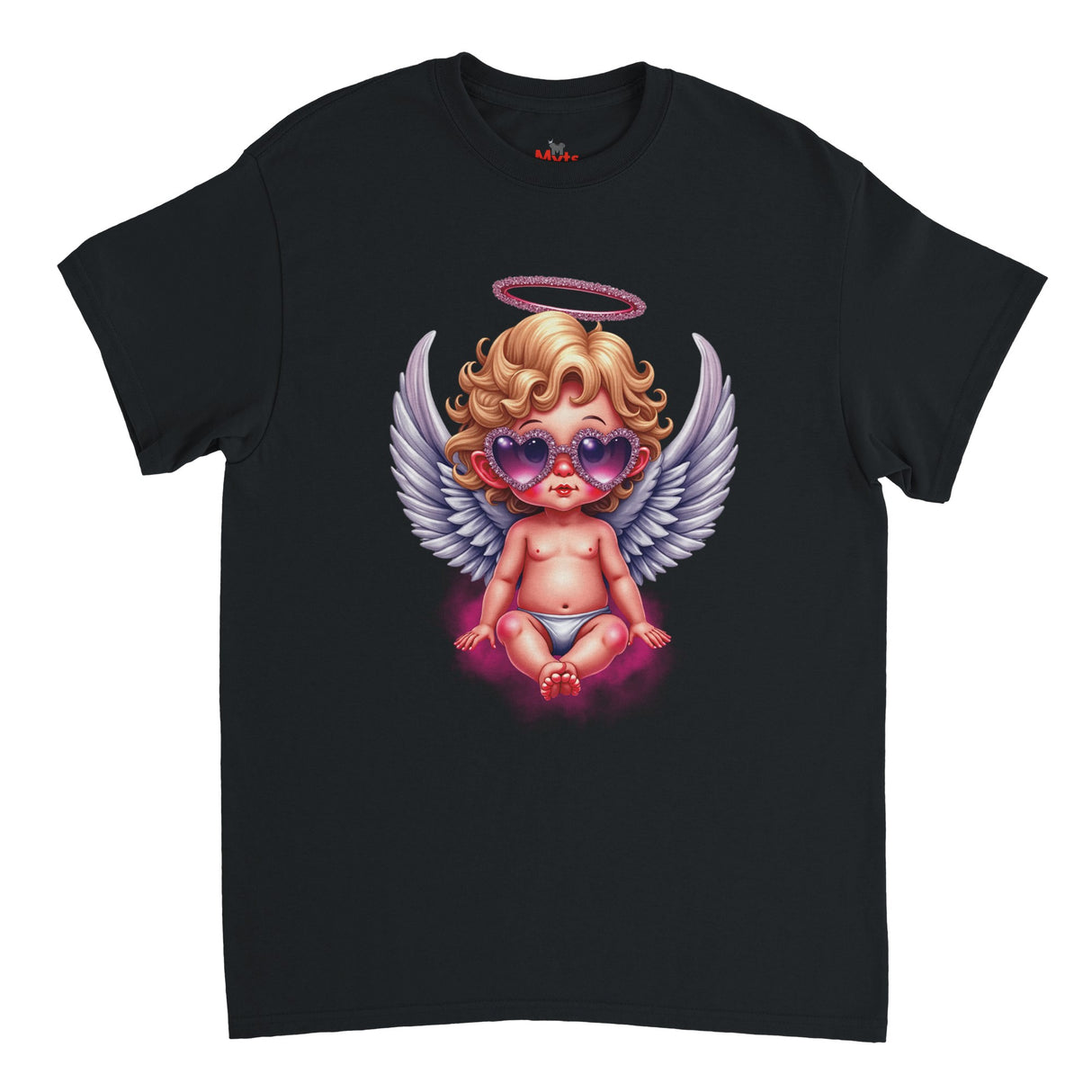 Black t-shirt with a graphic of an angelic baby wearing sunglasses on a white background