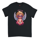 Black t-shirt with a graphic of an angelic baby wearing sunglasses on a white background