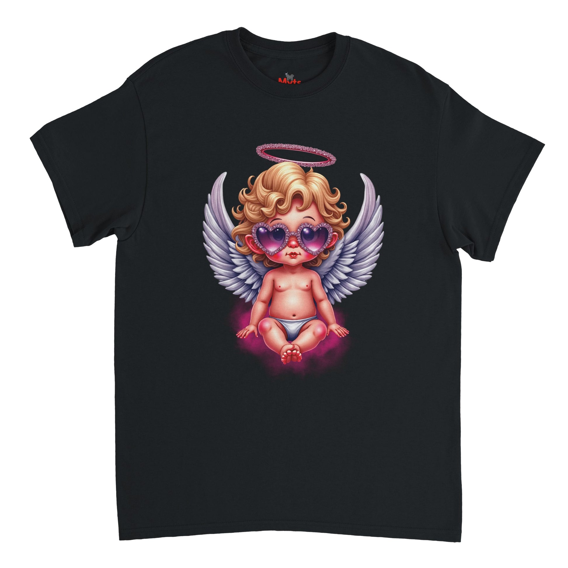 Black t-shirt with a graphic of an angelic baby wearing sunglasses on a white background