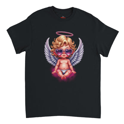 Black t-shirt with a graphic of an angelic baby wearing sunglasses on a white background