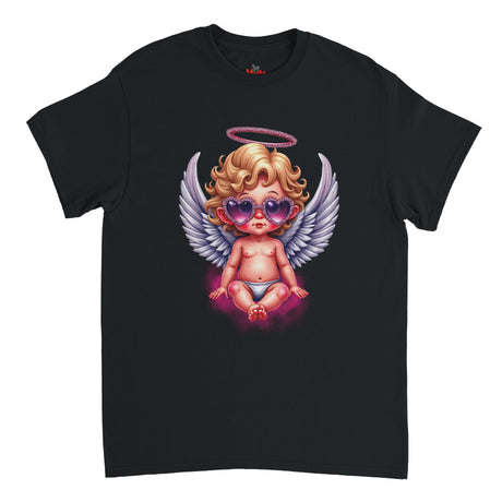 Black t-shirt with a graphic of an angelic baby wearing sunglasses on a white background