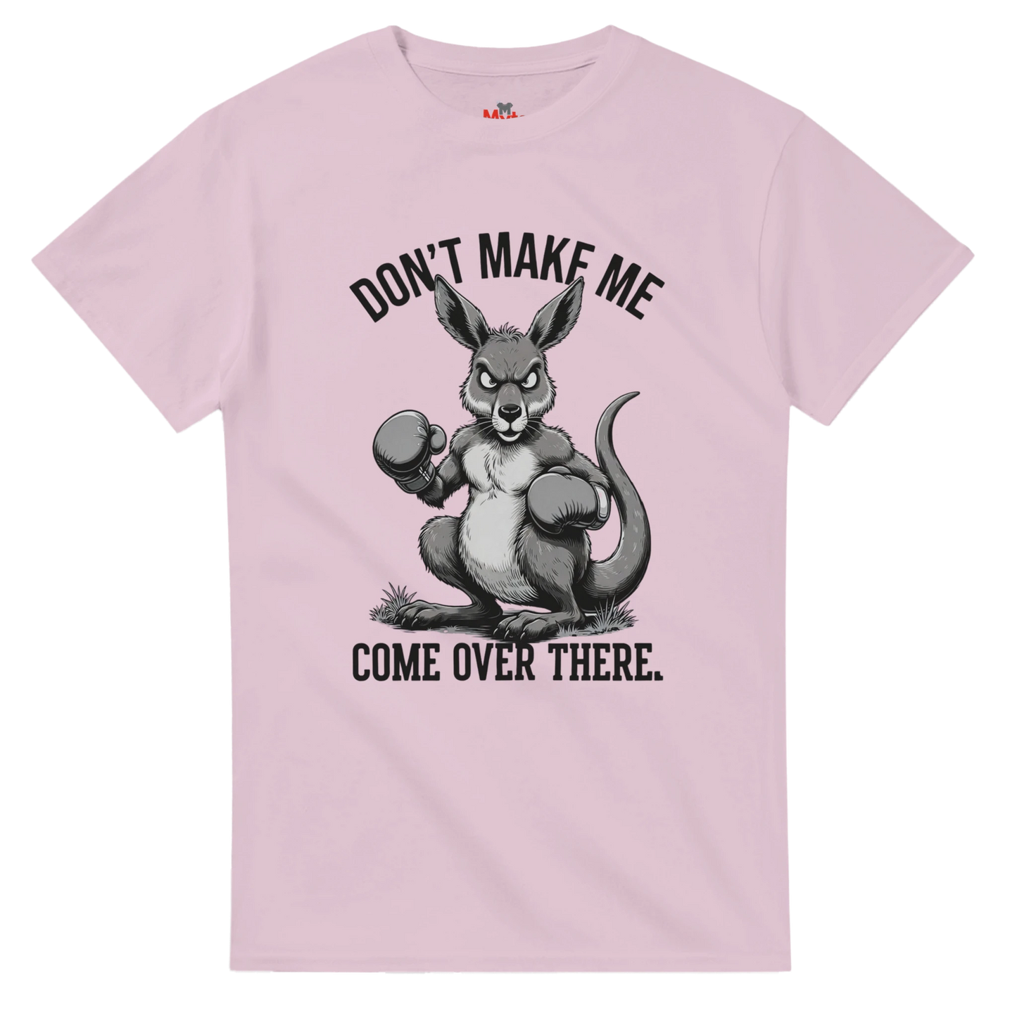 Pink t-shirt with a kangaroo graphic and text on a white background