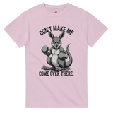 Pink t-shirt with a kangaroo graphic and text on a white background