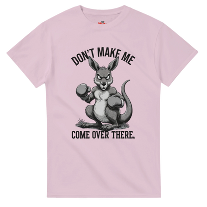 Pink t-shirt with a kangaroo graphic and text on a white background