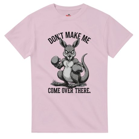Pink t-shirt with a kangaroo graphic and text on a white background