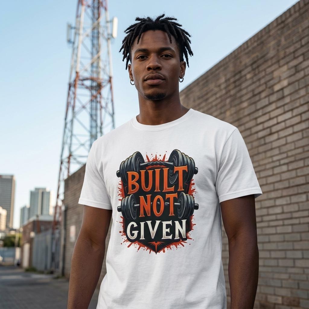 Person wearing a white t-shirt with 'Built Not Given' graphic design outdoors.