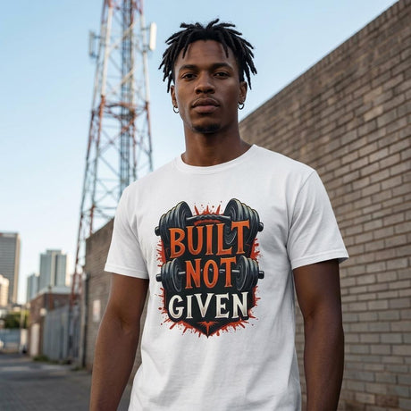 Person wearing a white t-shirt with 'Built Not Given' graphic design outdoors.