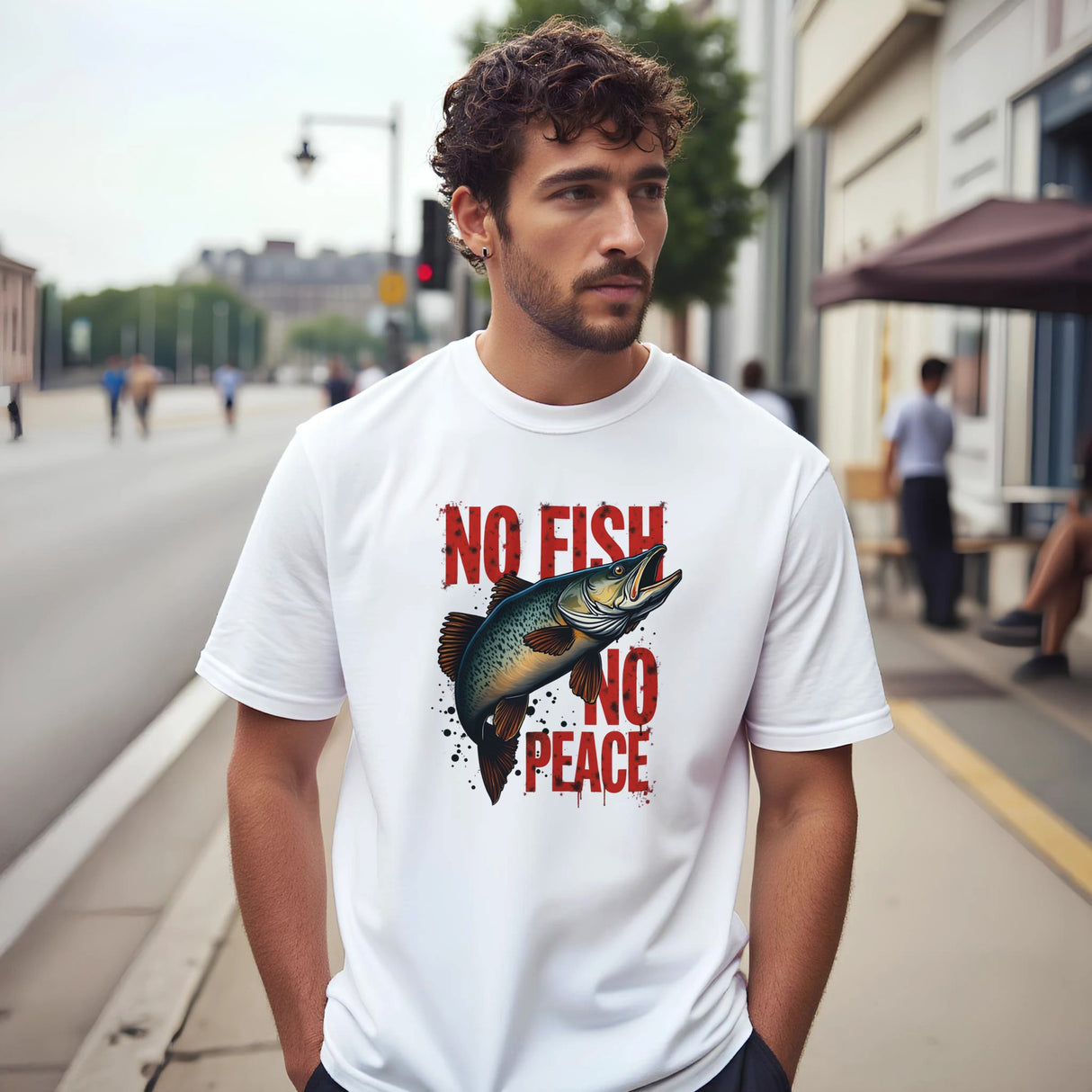 Man wearing a white t-shirt with a fish graphic and text on a city street.