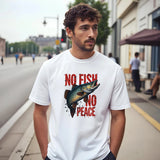 Man wearing a white t-shirt with a fish graphic and text on a city street.
