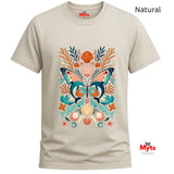 Natural cream graphic T-shirt with a colourful dolphin butterfly design surrounded by coral and shells.